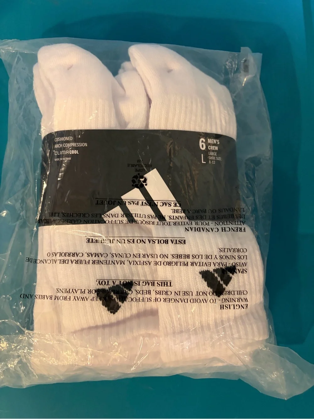 New in Package ADIDAS Men's White Crew Socks - 6 Pack Large
